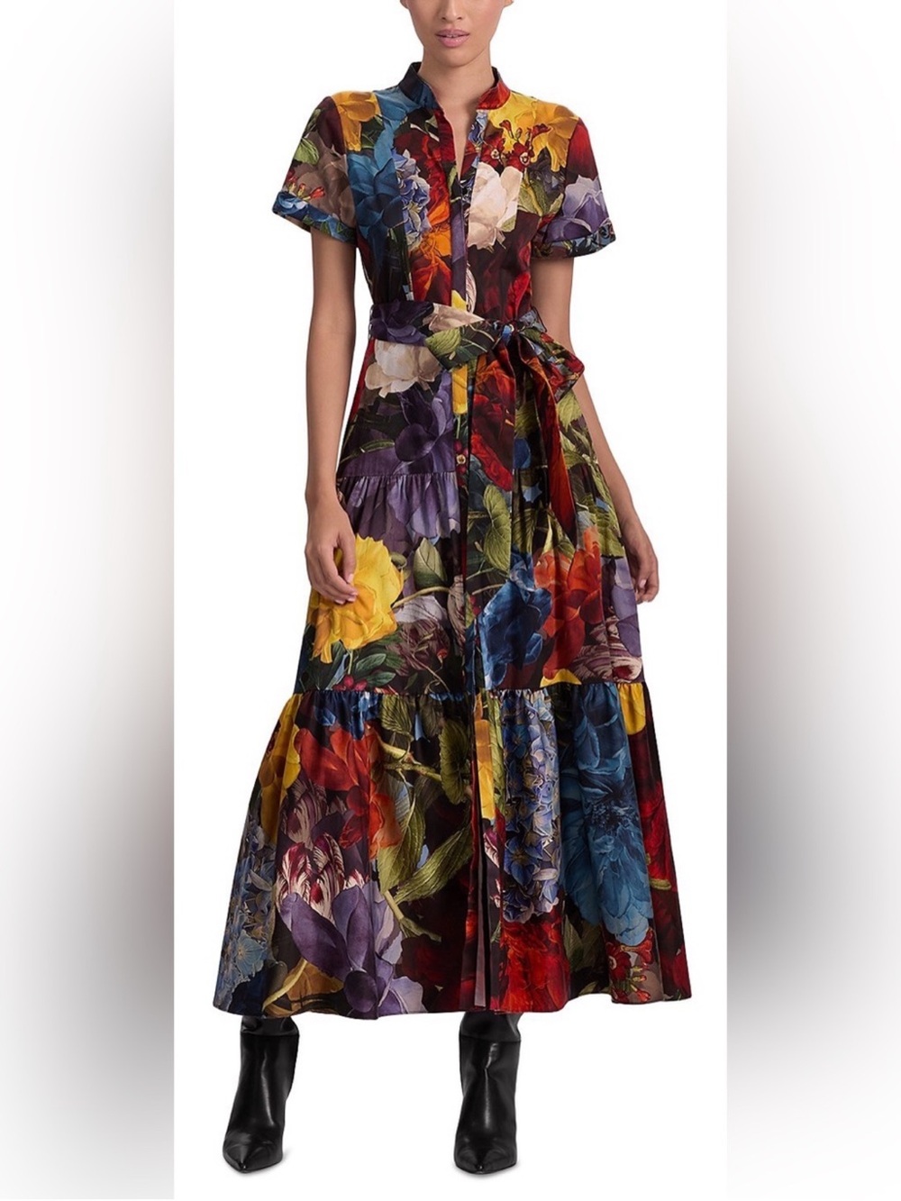 Alice + Olivia Multicolor Floral Maxi Shirt Dress with Tie Waist